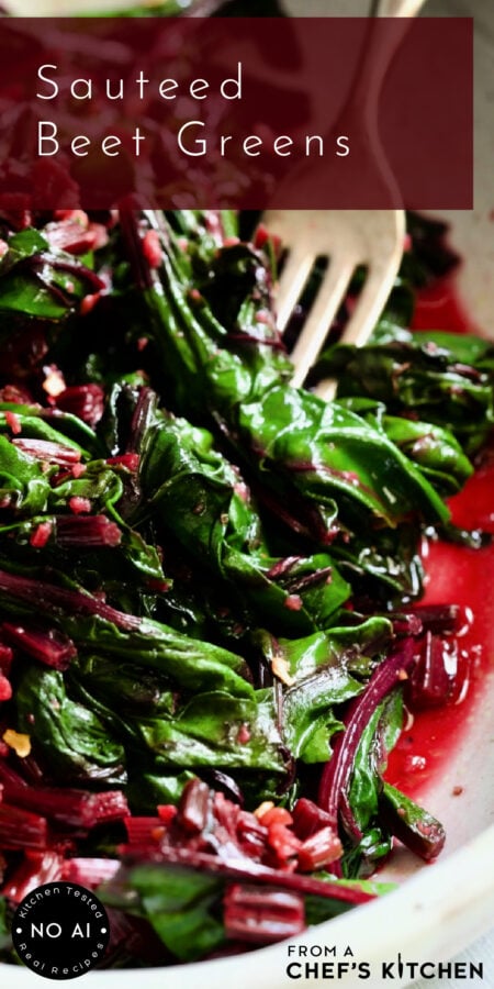 Pinterest graphic for Sauteed Beet Greens showing them in a white oval serving dish with fork.
