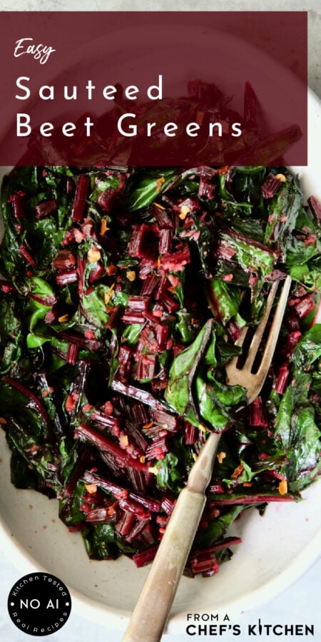 Pinterest graphic for Sauteed Beet Greens showing them in a white oval serving dish with fork.