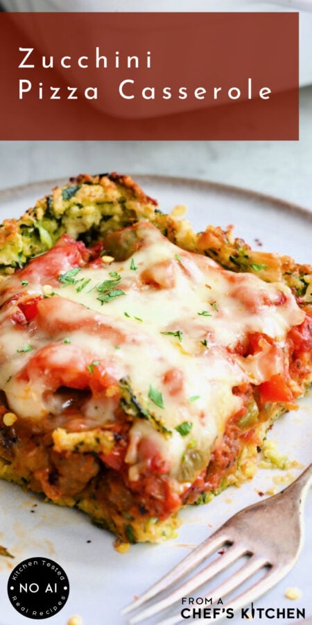 Pinterest graphic for Zucchini Pizza Casserole showing one piece on a white plate.