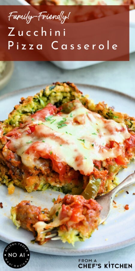 Pinterest graphic for Zucchini Pizza Casserole showing one piece on a white plate with a bite on a fork.
