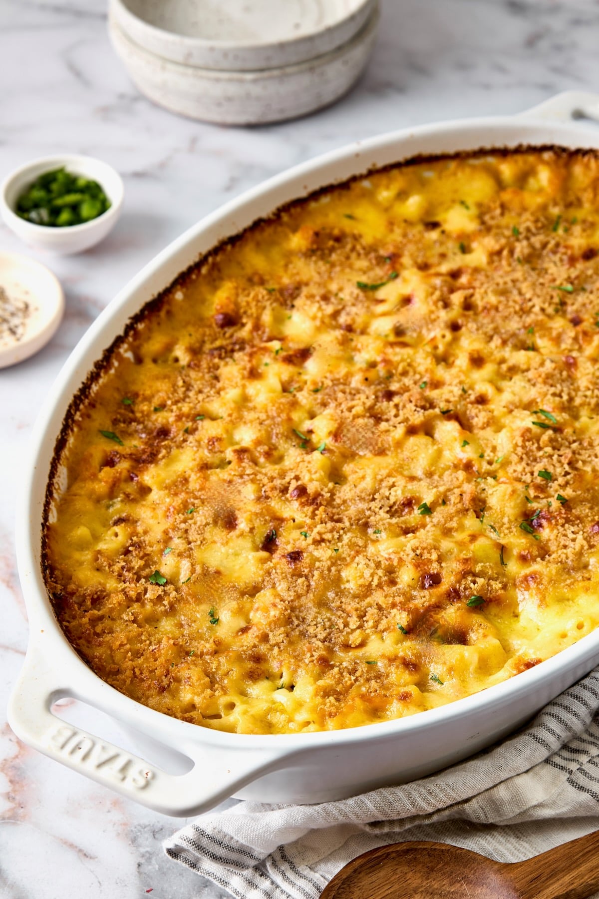 Hatch Green Chili Mac and Cheese in oval baking dish.