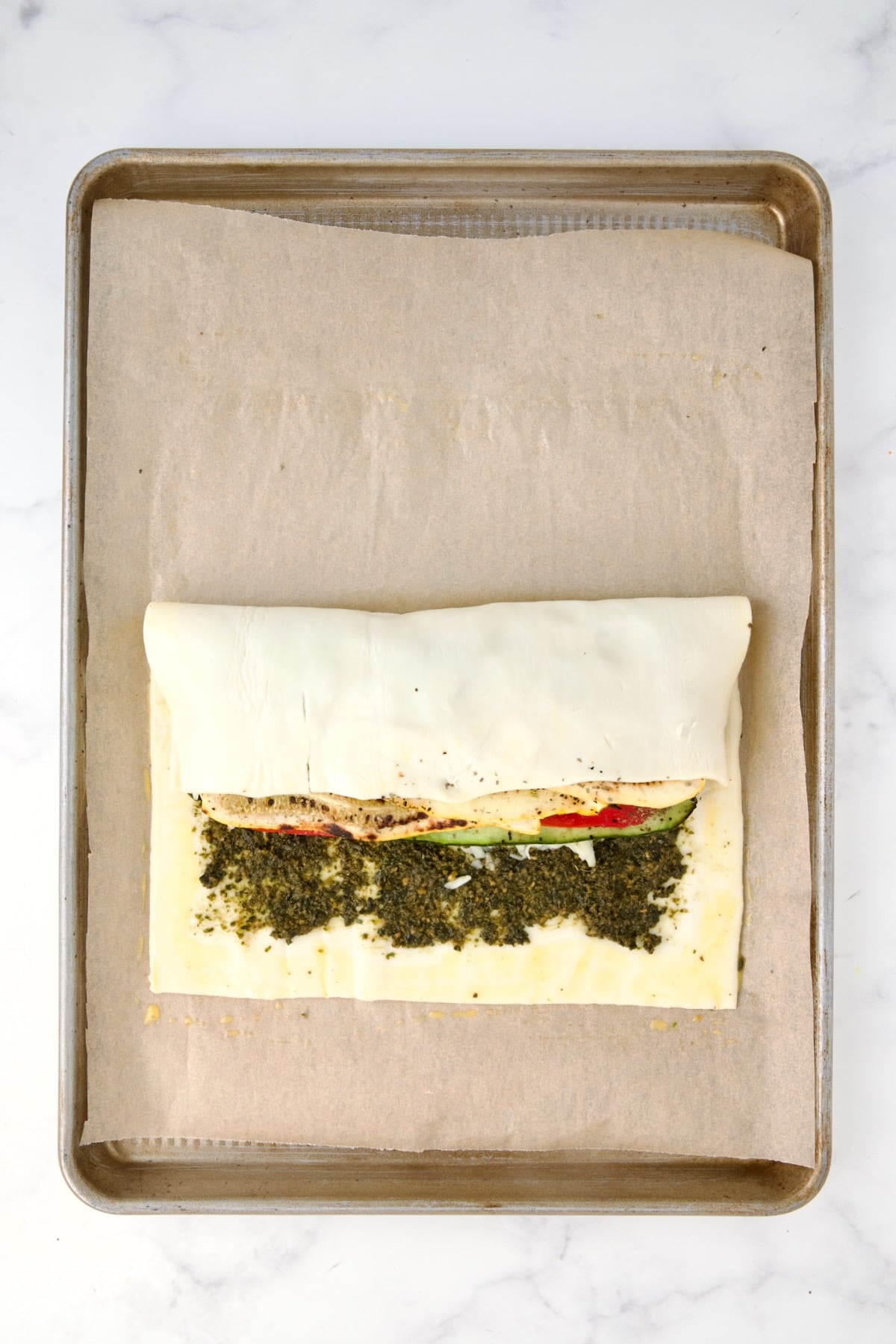 Semi-folded filled Italian Vegetable Strudel.