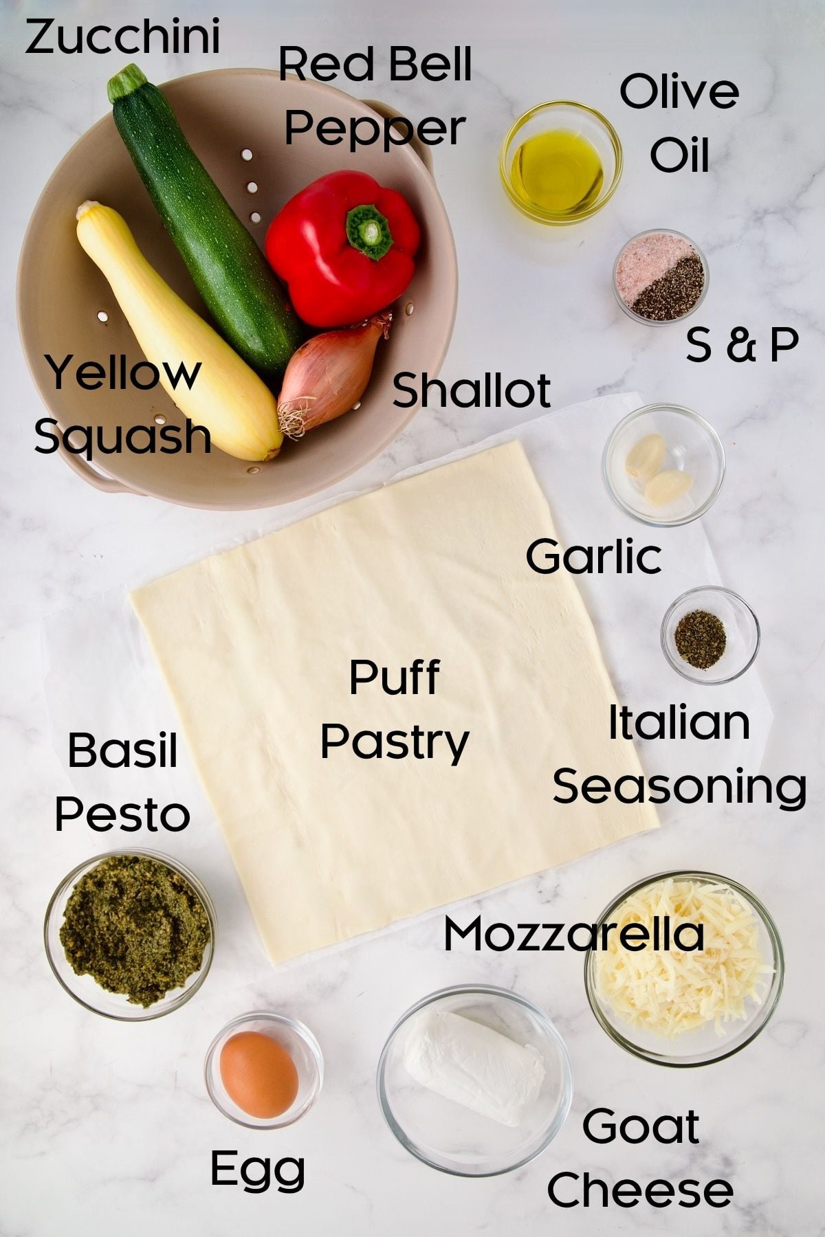 Ingredients for Italian Vegetable Strudel in glass bowls.