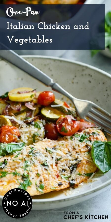 Pinterest graphic for One-Pan Italian Chicken and Vegetables showing one serving with a fork in a dinner bowl.