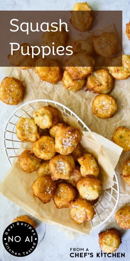 Pinterest graphic for Squash Puppies showing them on a piece of parchment paper with some in a white wire basket.