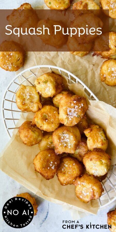 Pinterest graphic for Squash Puppies showing them on a piece of parchment paper with some in a white wire basket.