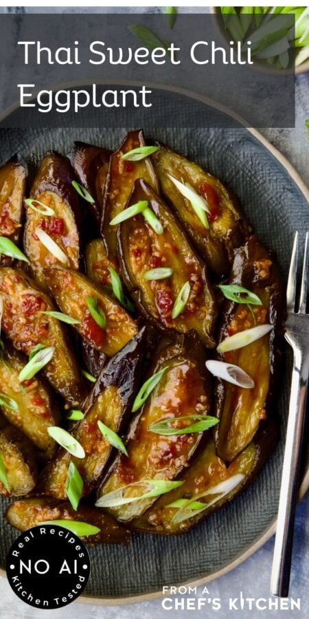 Pinterest graphic for Thai Sweet Chili Eggplant showing it on a blue plate garnished with thinly sliced scallions.