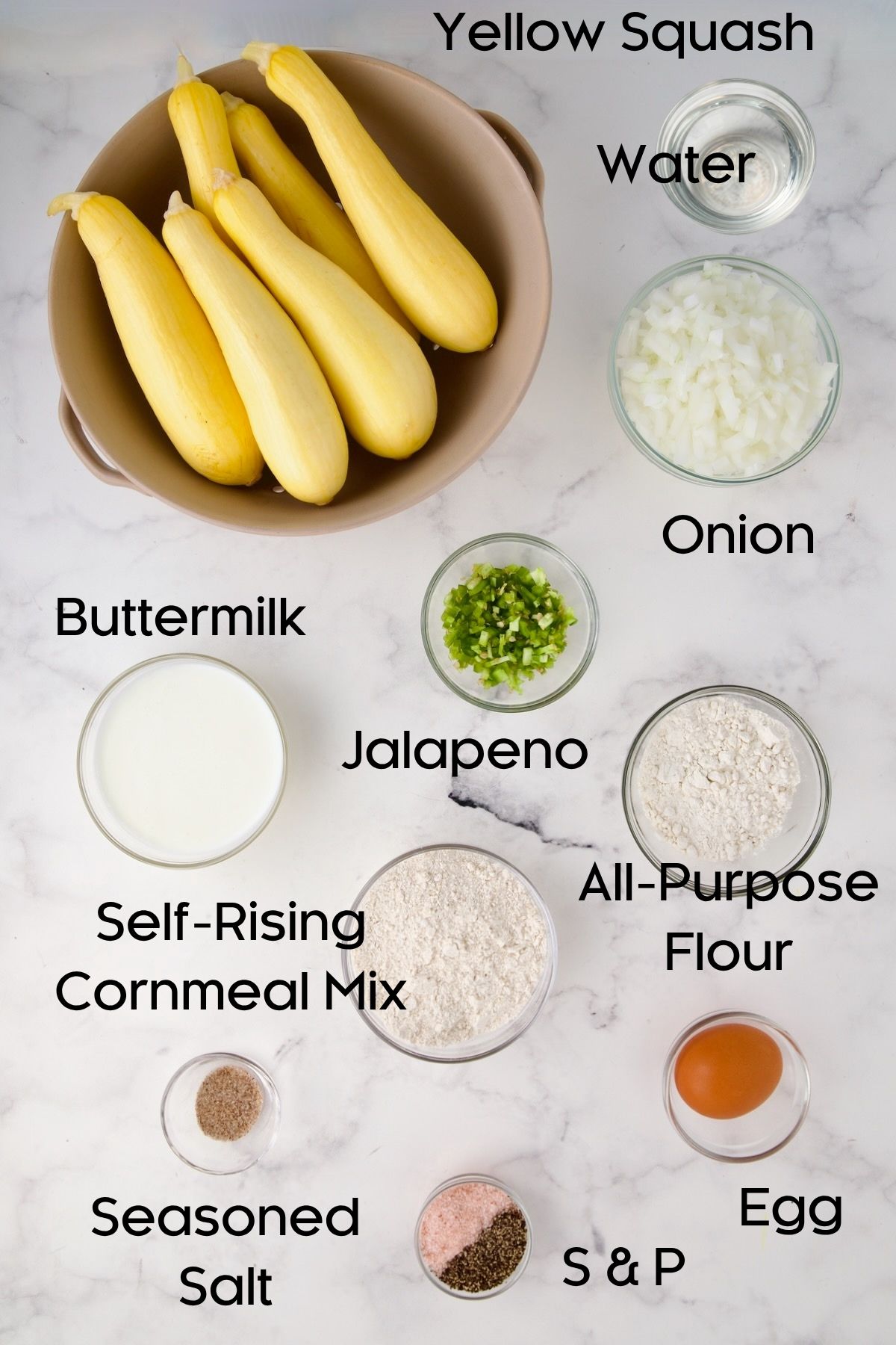 Ingredients for Squash Puppies in glass bowls.