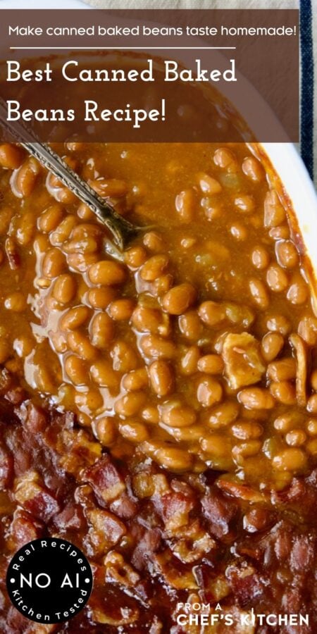Pinterest graphic for Best Canned Baked Beans Recipe showing it in a white oval baking dish with serving spoon.