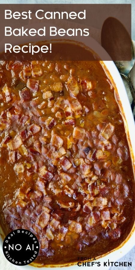 Pinterest graphic for Best Canned Baked Beans Recipe showing it in a white oval baking dish.