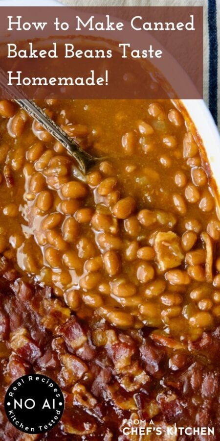 Pinterest graphic for Best Canned Baked Beans Recipe showing it in a white oval baking dish with serving spoon.