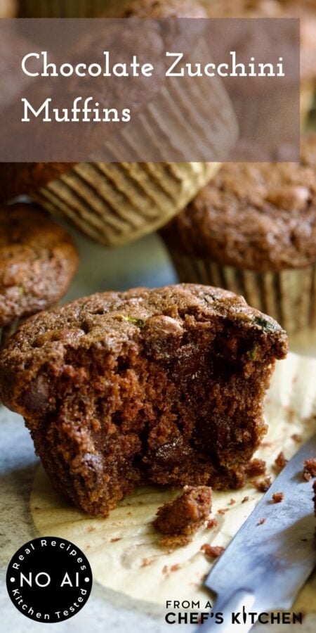 Pinterest graphic for Chocolate Zucchini Muffins showing the interior of one of the muffins.