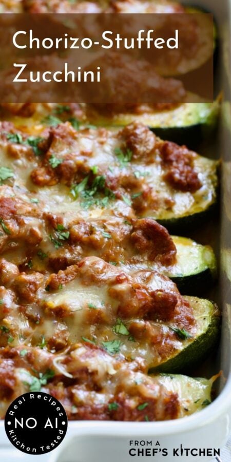 Pinterest graphic for Chorizo Stuffed Zucchini showing four close up in white baking dish.