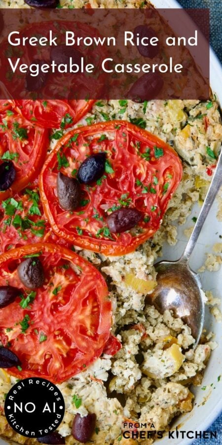 Pinterest graphic for Greek Brown Rice and Vegetable Casserole showing it in a white baking dish with serving spoon.