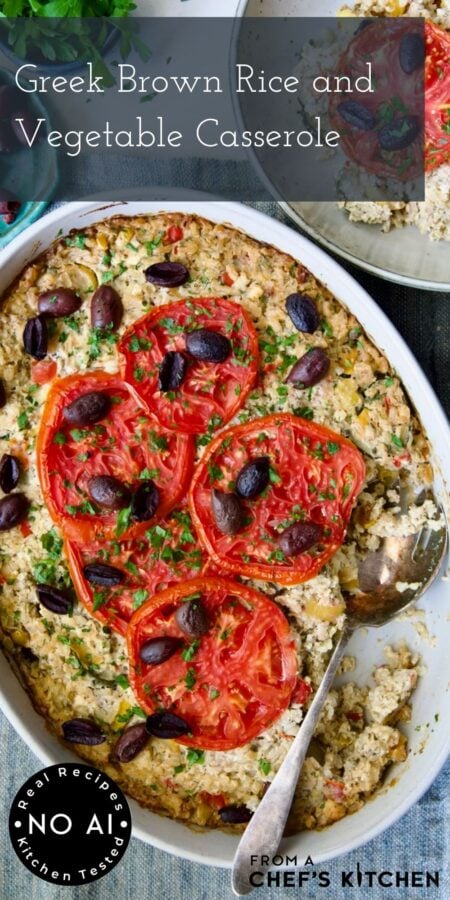 Pinterest graphic for Greek Brown Rice and Vegetable Casserole showing it in a white baking dish with serving spoon.