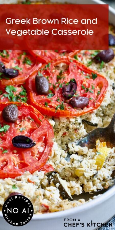Pinterest graphic for Greek Brown Rice and Vegetable Casserole showing it in a white baking dish with serving spoon.