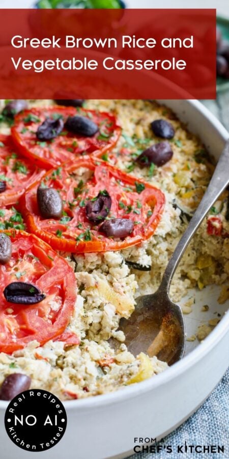 Pinterest graphic for Greek Brown Rice and Vegetable Casserole showing it in a white baking dish with serving spoon.