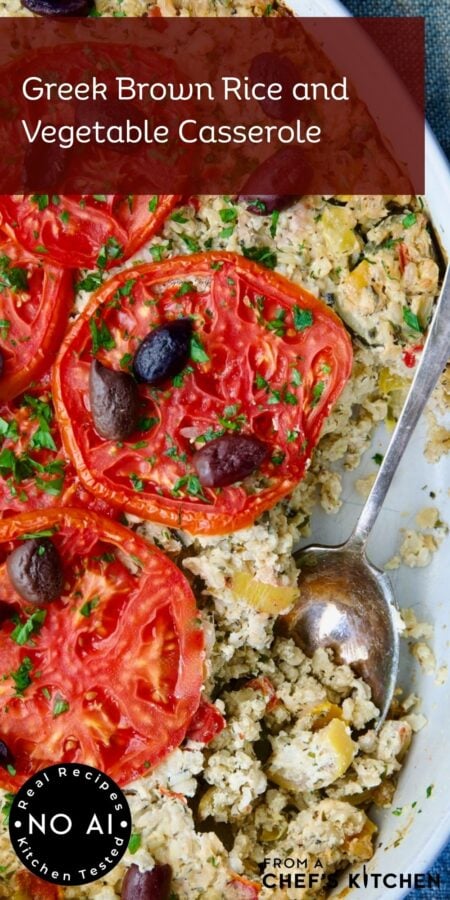 Pinterest graphic for Greek Brown Rice and Vegetable Casserole showing it in a white baking dish with serving spoon.