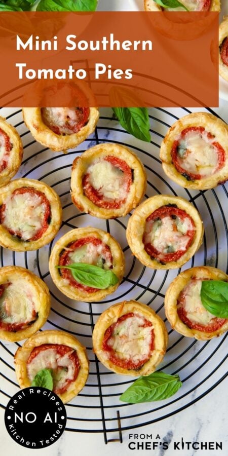 Pinterest graphic for Mini Southern Tomato Pies showing 11 on a round black wire cooling rack.