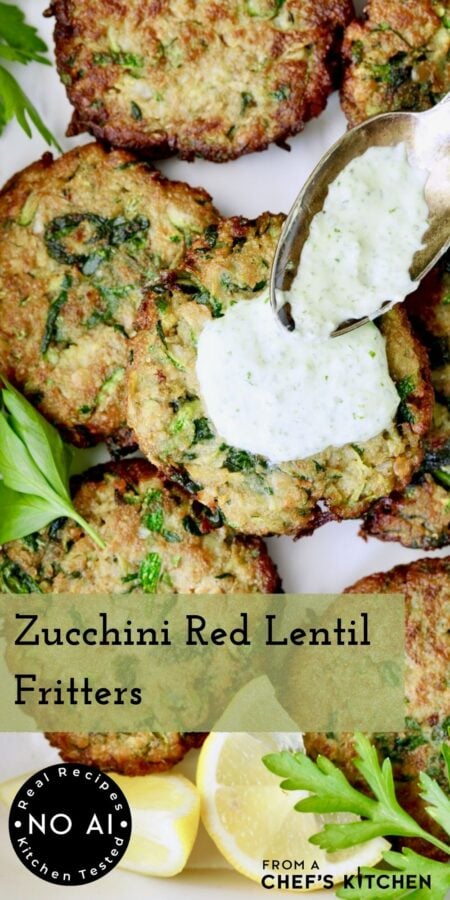 Pinterest graphic for Zucchini Red Lentil Fritters showing them close up with yogurt sauce being drizzled on.